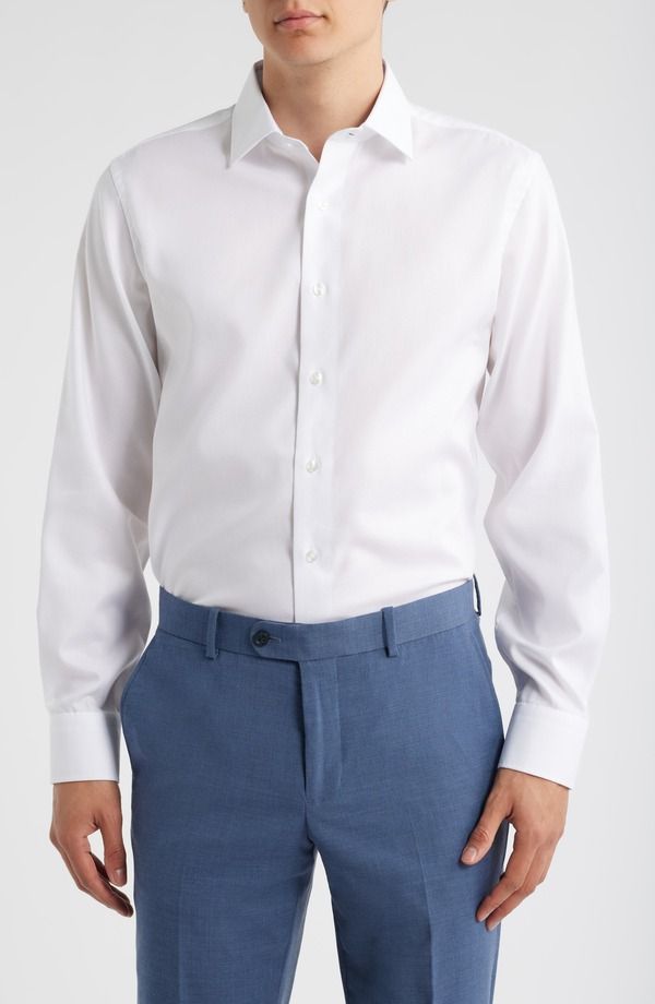 ロレンゾウオモ メンズ トップス シャツ コットン Lorenzo Uomo Trim Fit Diamond Textured White Cotton Dresshirt White ホワイト