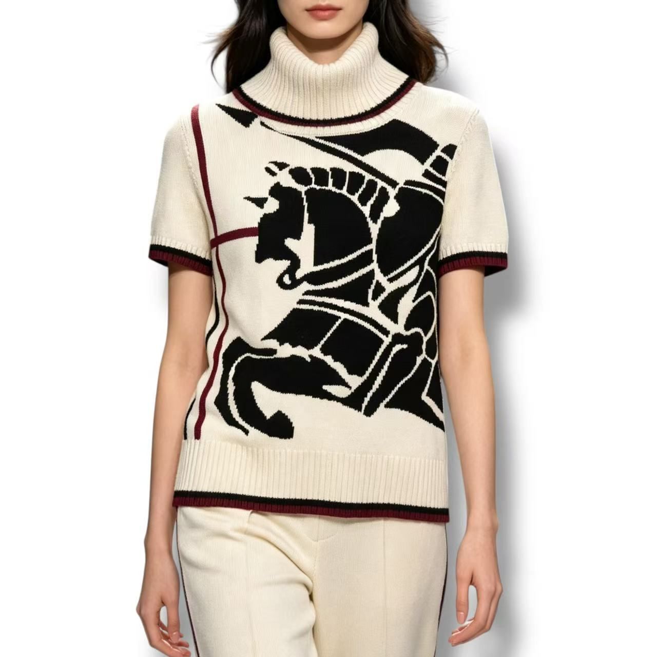 未使用品 BURBERRY バーバリー セーター 半袖 騎士柄 ビッグホース ニット タートルネック クリーム
