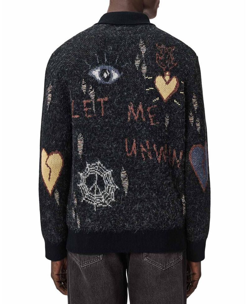 オールセインツ メンズ アウター カーディガン セーター グラフィック ALLSAINTS Meller Graphicardigan Sweater Black ブラック オールセインツ メンズ アウター カーディガン セーター グラフィック ALLSAINTS Meller Graphicardigan Sweater Black ブラック