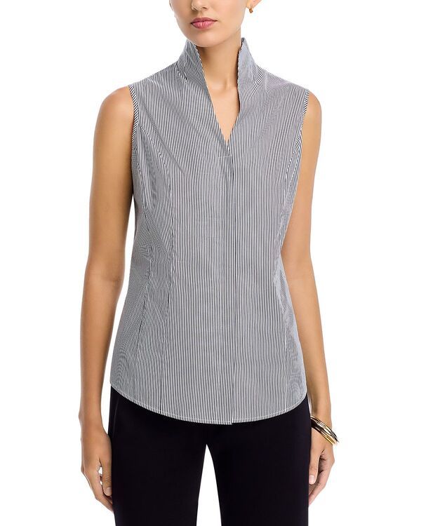 ミソック レディース トップス タンクトップ Misook Pinstripe Mandarin Collar Tank BlackWhite ホワイト