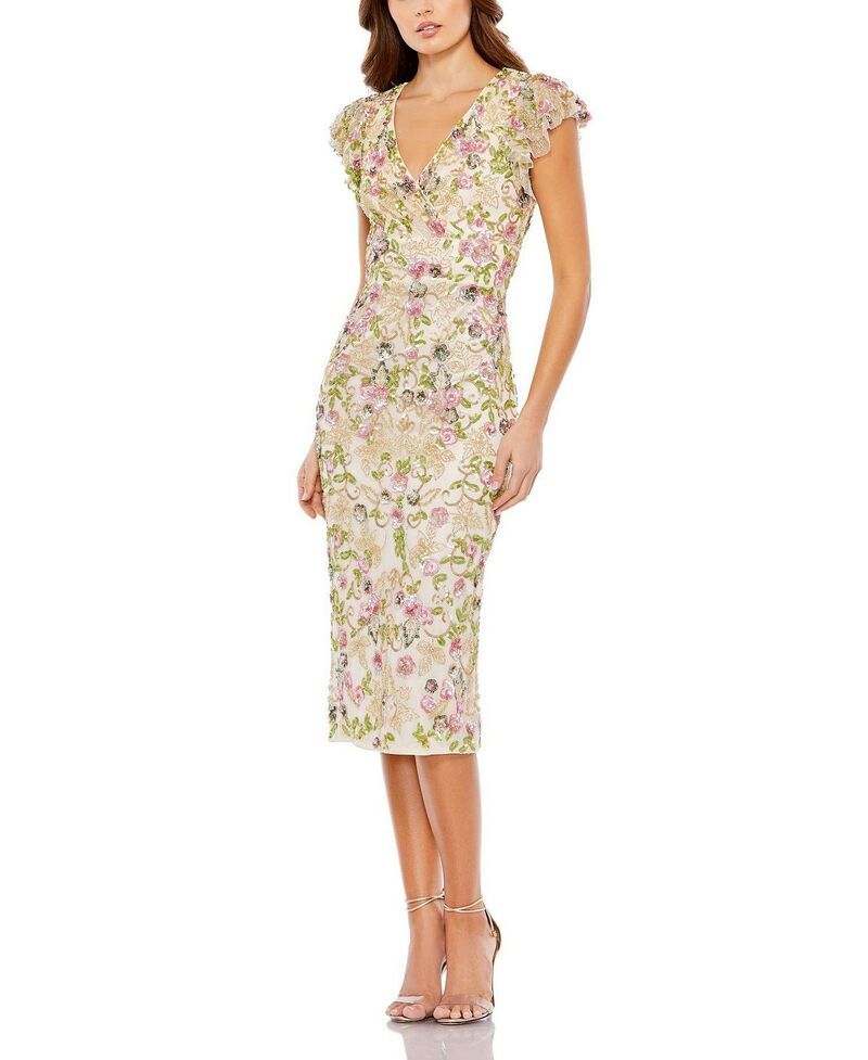 マックダガル レディース トップス ワンピース フラワー柄 キャップ フラワー Mac Duggal Floral Embellished Flutter Cap Sleeve Dress Cream