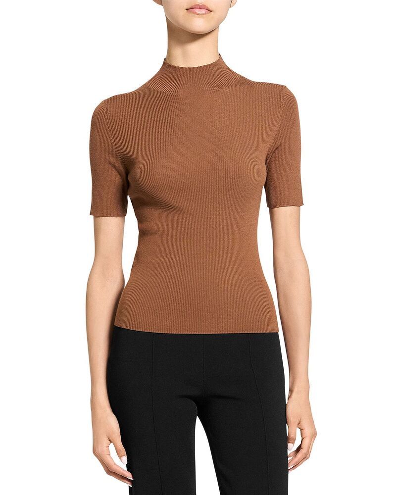 セオリー レディース アウター ニット・セーター モックネック Theory Leenda Short Sleeve Mock Neck Sweater Caramel