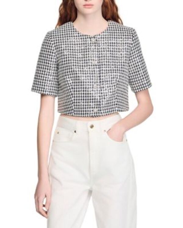 サンドロ レディース アウター ジャケット・ブルゾン ツイード クロップド Sandro Cropped Houndstooth Tweed Jacket Black White ホワイト