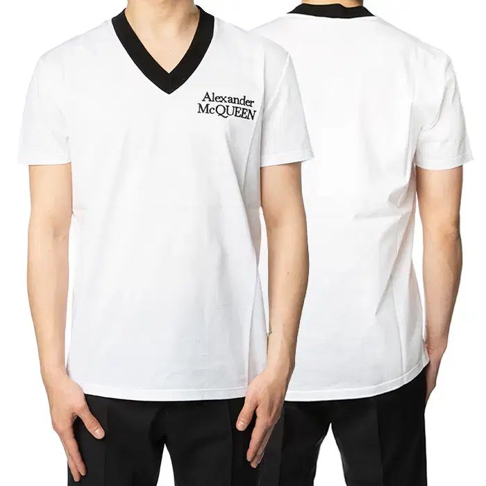 Alexander McQueen メンズ ロゴ バイカラー Vネック Tシャツ 671944 QSX89 900