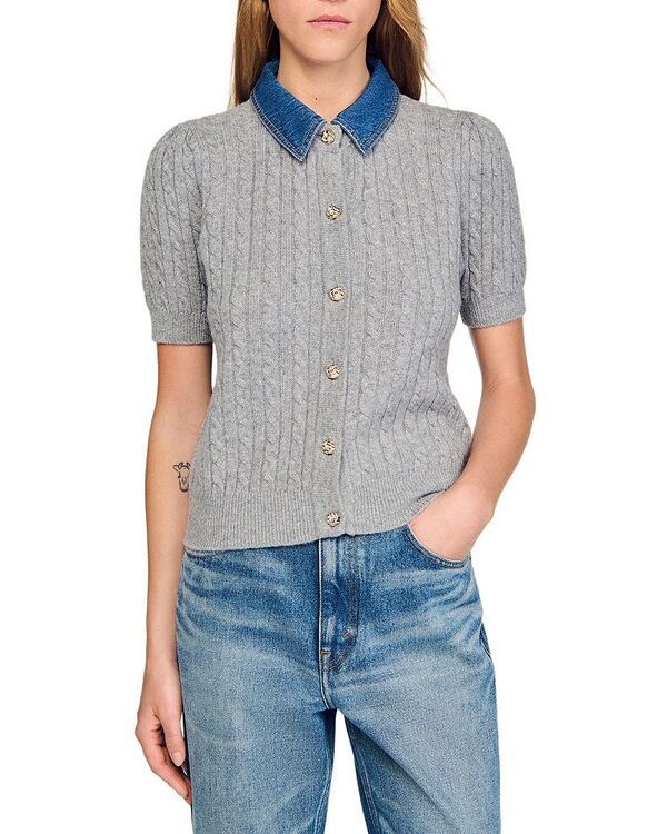 サンドロ レディース アウター カーディガン デニム Sandro Cardigan with Denim Collar Grey グレー