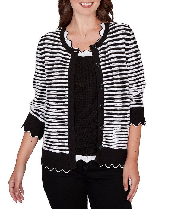 ルビーアールディー レディース アウター ニット・セーター Ruby Rd Fine Gauge Stripe Scalloped Long Sleeve ButtonFront Sweater Bl