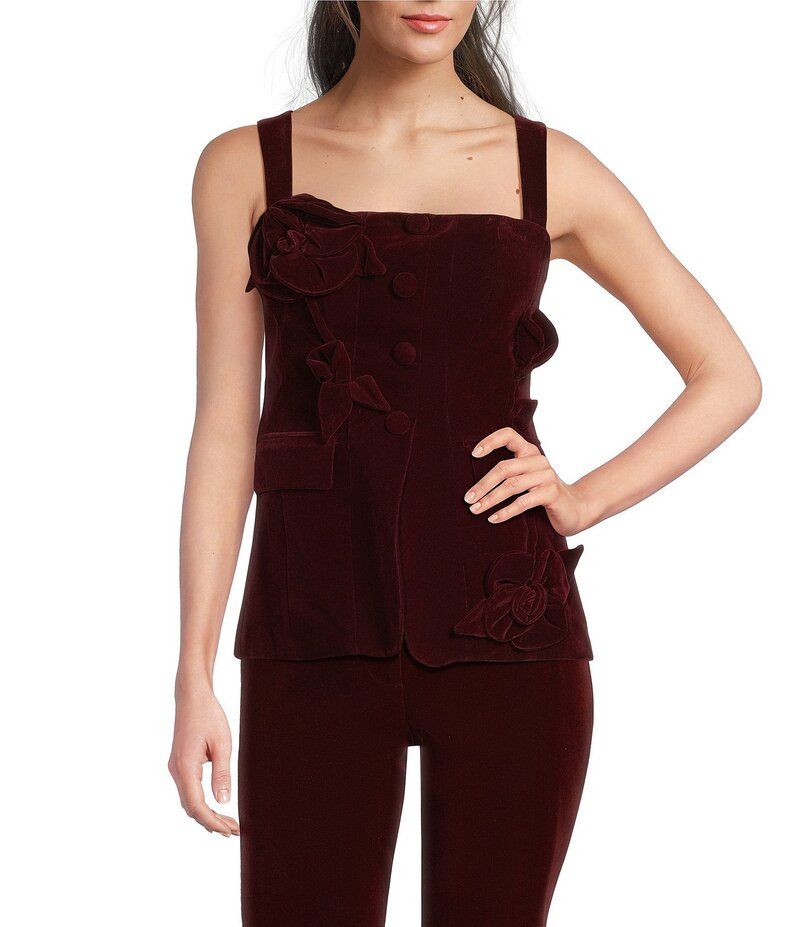 マルケッサ レディース アウター ベスト ベルベット ノースリーブ Muse by Marchesa Laurel Velvet Applique Sleeveless Button Up Coord