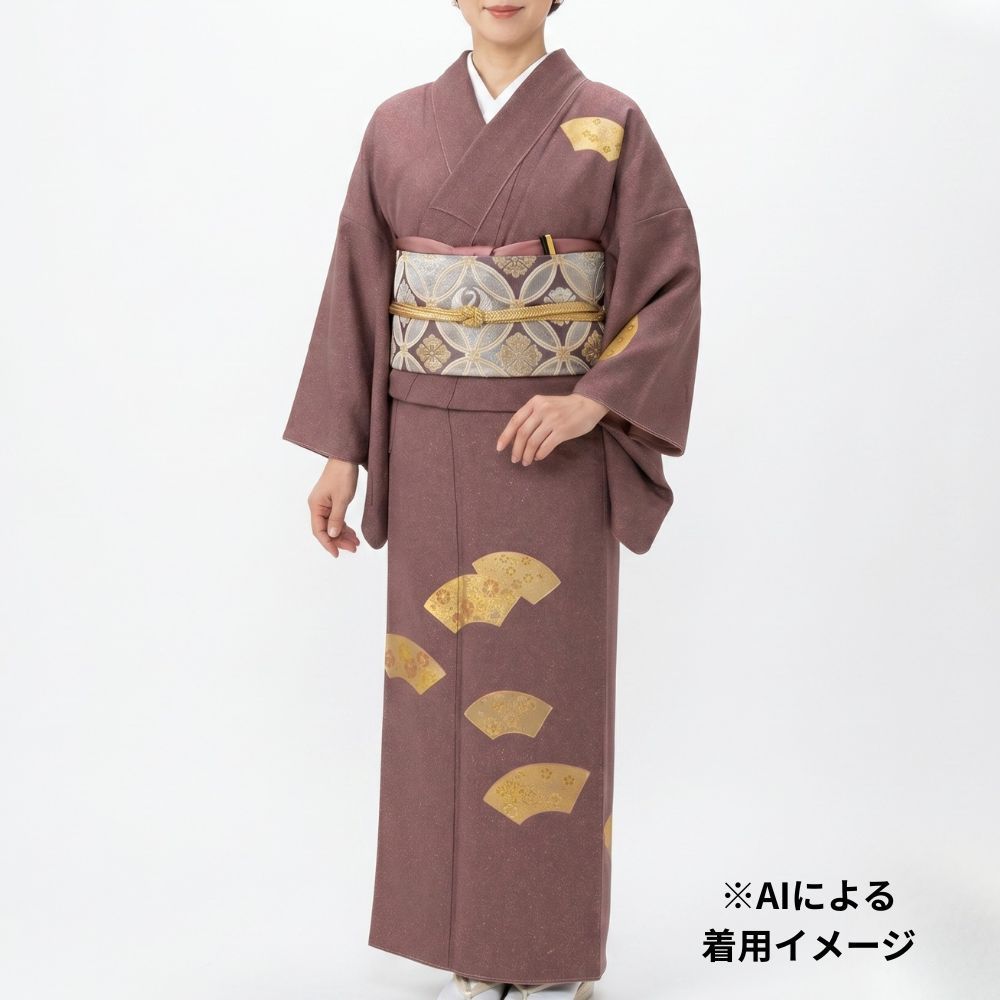 訪問着 未使用 仕付け糸付き リユース 正絹 スワトウ刺繍 袷 扇面文様 金糸 8120-2 セミフォーマル フォーマル