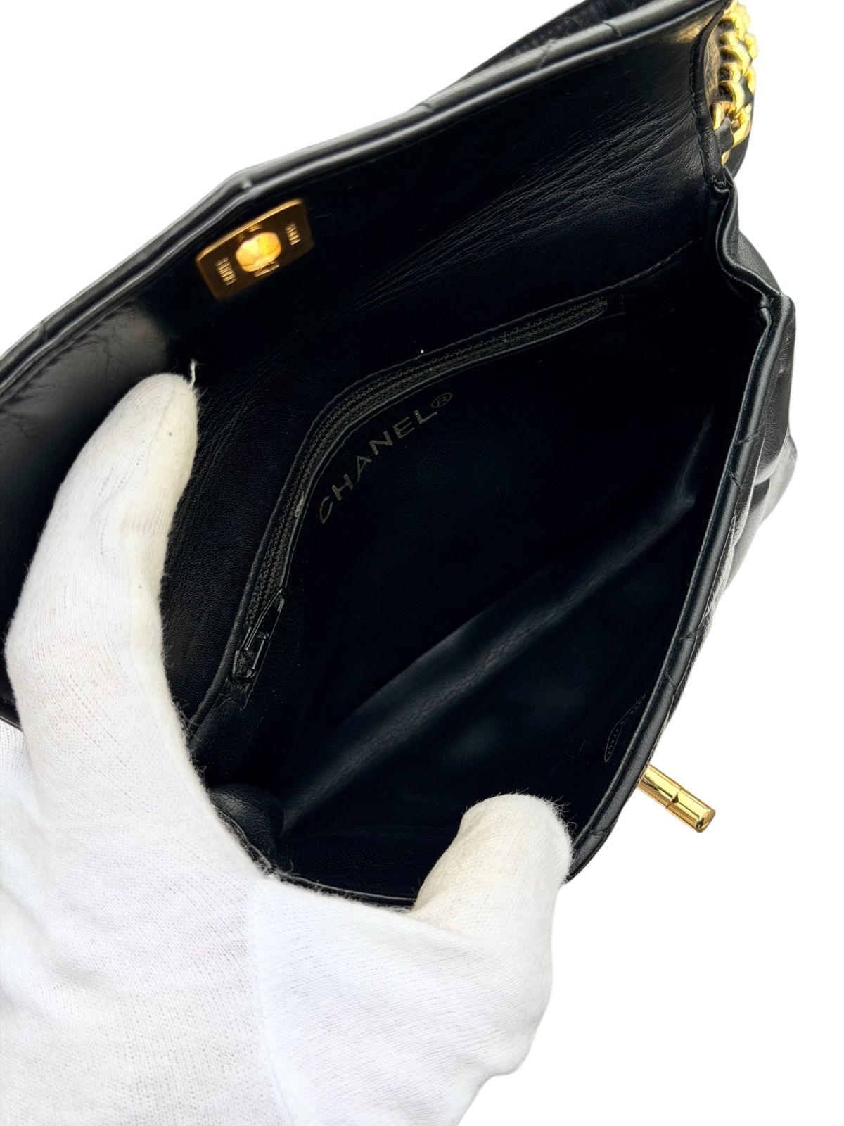 超美品◆本物シャネルCHANELヴィンテージVintageマトラッセターンロックココマークCCゴールド金具ウエストバッグポーチボディバッグ黒金ラムスキン
