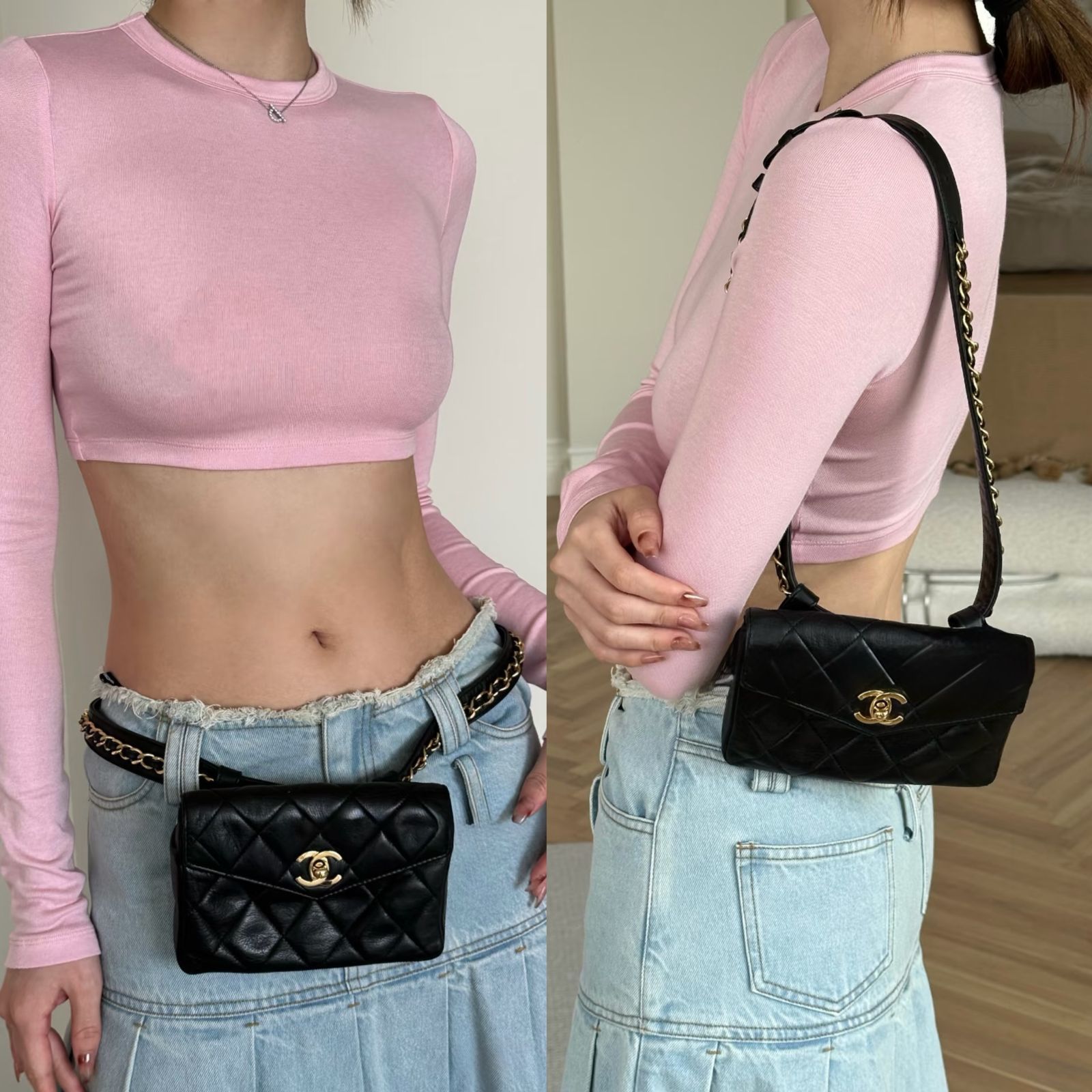 超美品◆本物シャネルCHANELヴィンテージVintageマトラッセターンロックココマークCCゴールド金具ウエストバッグポーチボディバッグ黒金ラムスキン