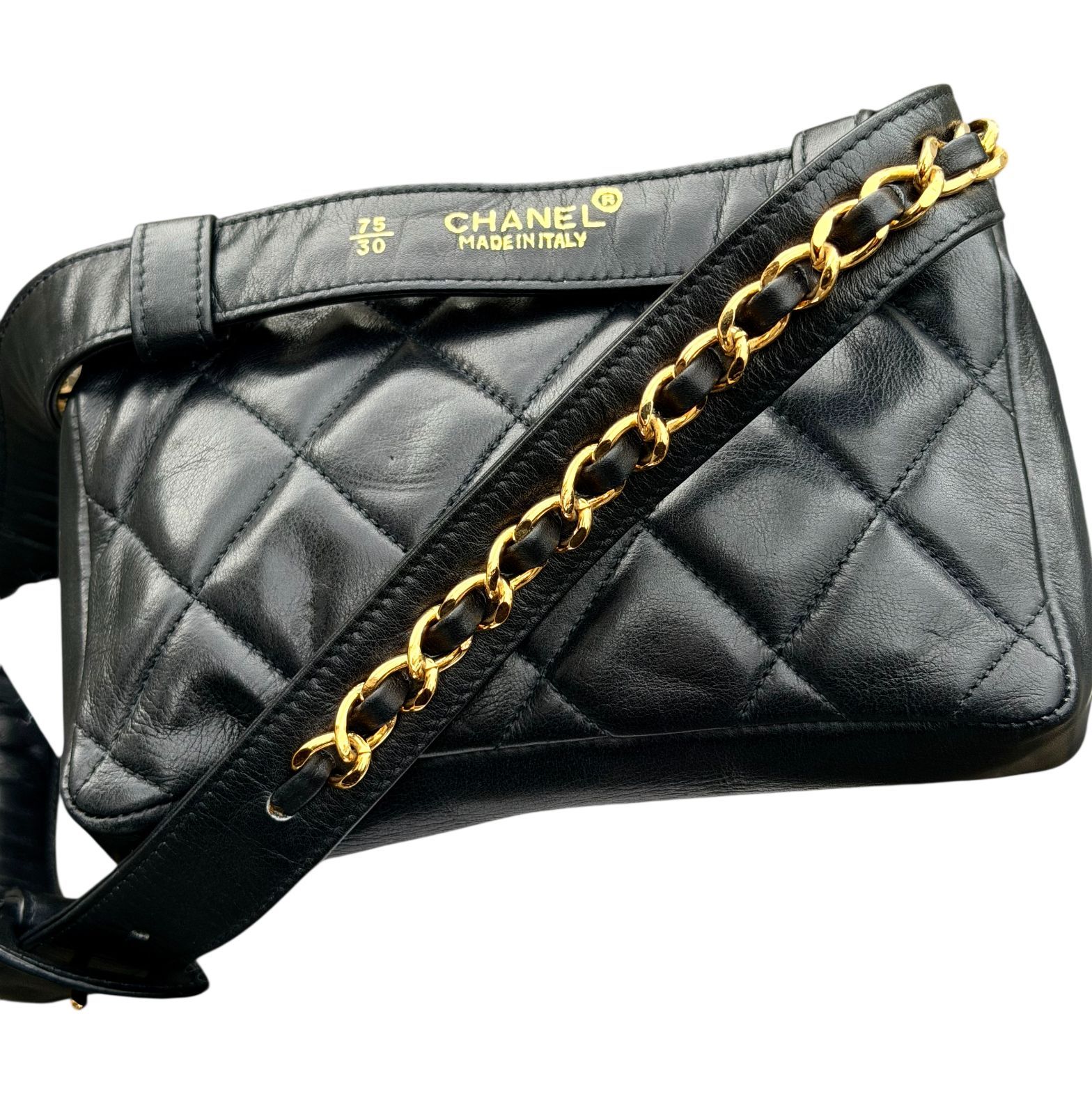 超美品◆本物シャネルCHANELヴィンテージVintageマトラッセターンロックココマークCCゴールド金具ウエストバッグポーチボディバッグ黒金ラムスキン