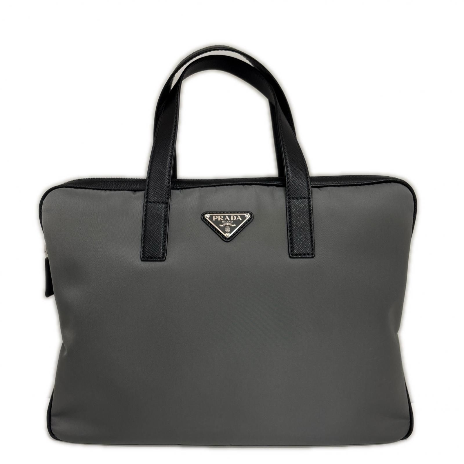 PRADA プラダ ビジネスバッグ ハンドバッグ ブリーフケース ナイロン/サフィアーノ グレー ブラック メンズ【中古】【473】