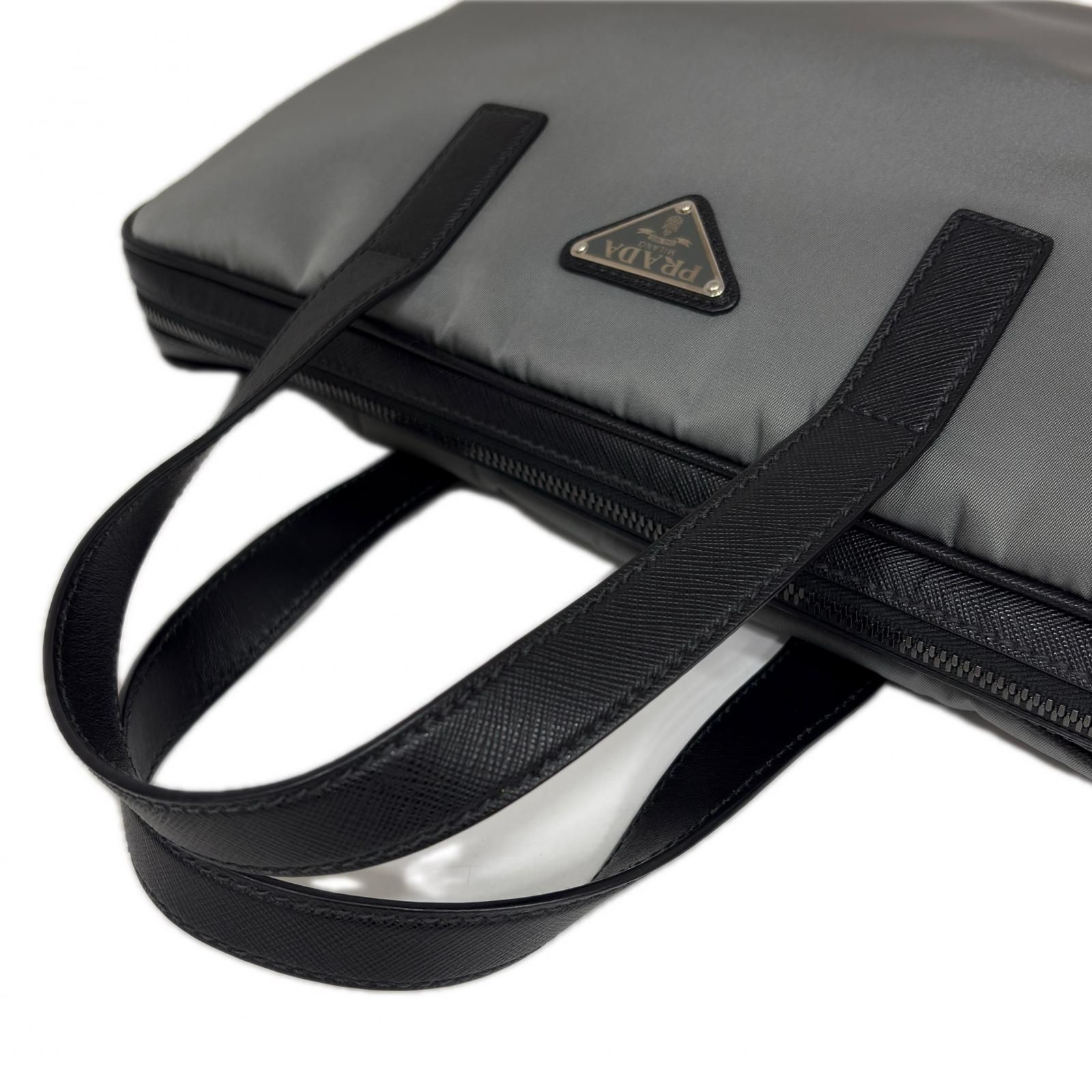 PRADA プラダ ビジネスバッグ ハンドバッグ ブリーフケース ナイロン/サフィアーノ グレー ブラック メンズ【中古】【473】 PRADA プラダ ビジネスバッグ ハンドバッグ ブリーフケース ナイロン/サフィアーノ グレー ブラック メンズ【中古】【473】