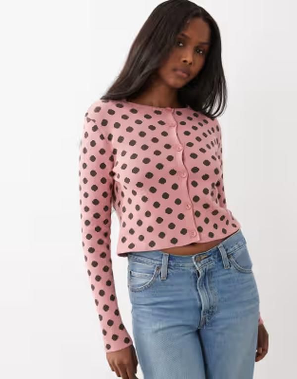 エイソス レディース アウター カーディガン ドット クロップド ニット ASOS DESIGN knit cropped cardigan polka dots pink ピンク