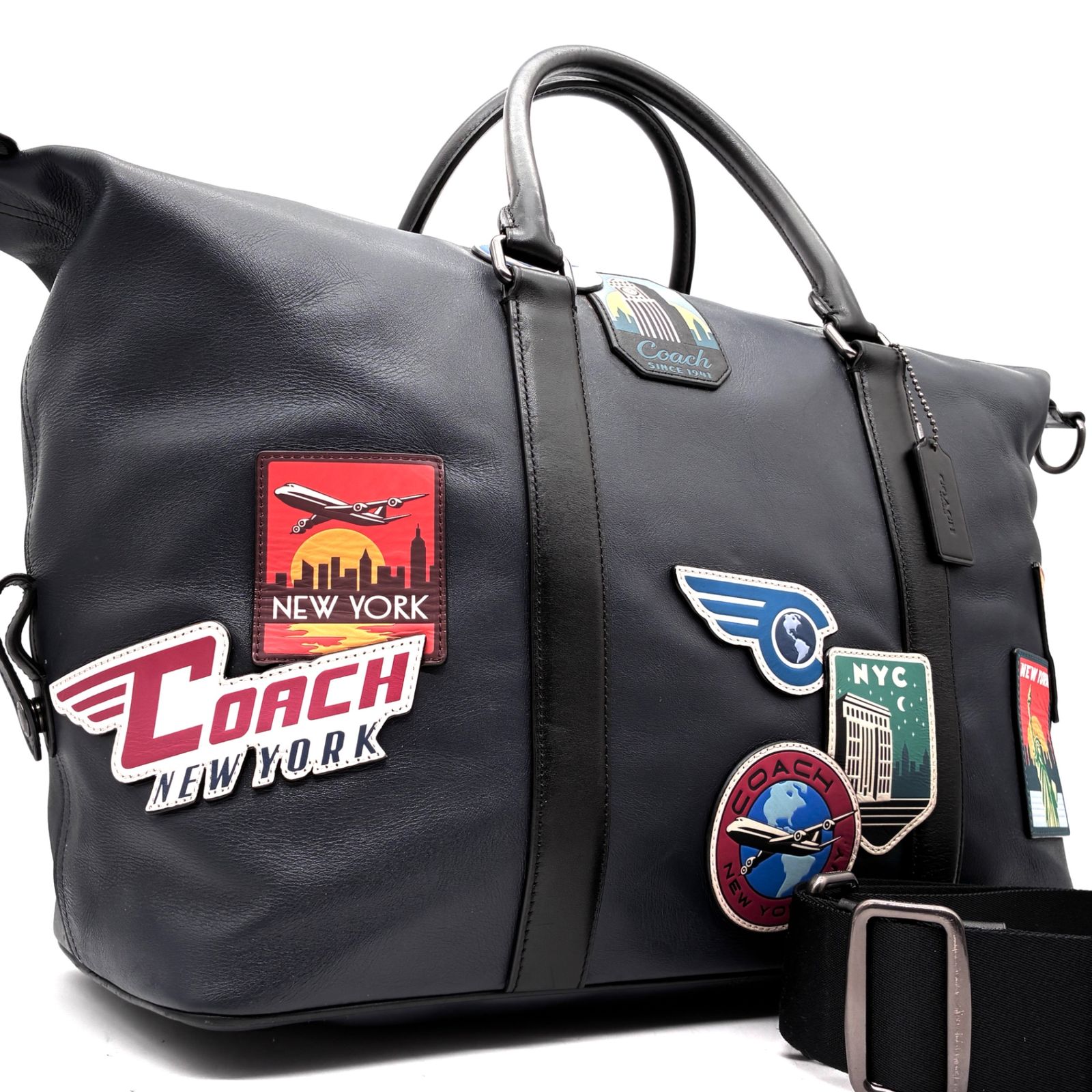 美品 コーチ COACH ヴォイジャー 2way ボストンバッグ ショルダーバッグ ウィズ トラベル パッチ ワッペン ネイビー 紺 レザー 本革 手持ち 斜め掛け 大容量 出張 旅行 帰省 ボーナス 夏休み 父の日 ゴルフ サマーギフト 大人
