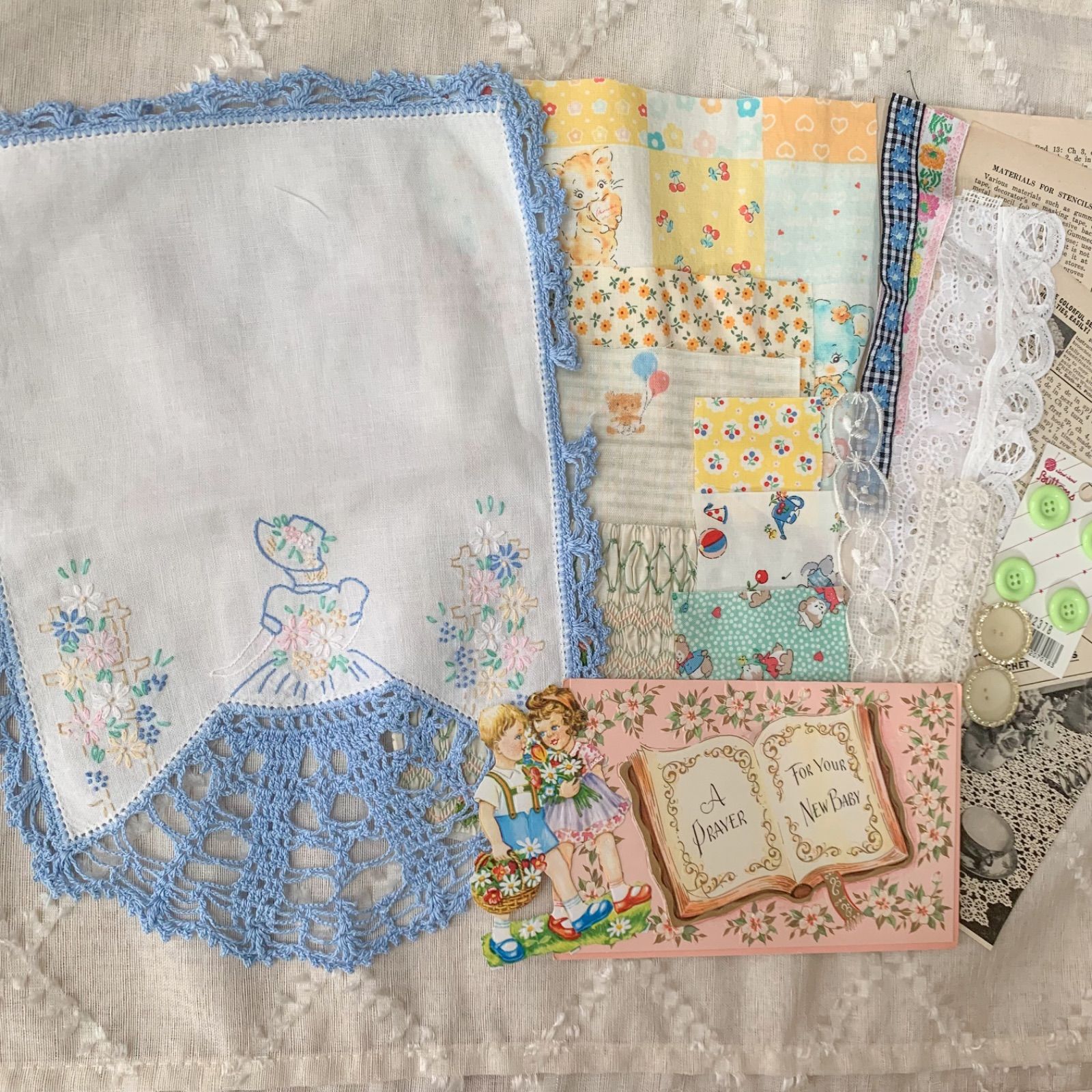 ❶ビンテージ紙モノset アソート 蚤の市 ジャンクジャーナル ヴィンテージ 手刺繍ドイリー レース 海外紙モノ・ファブリックセット