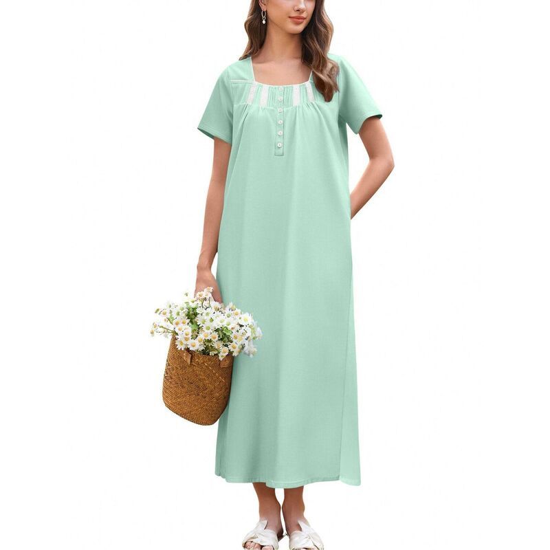 エコアー レディース アンダーウェア ナイトウェア 半袖 コットン レース マキシ Ekouaer Womens Cotton ShortSleeve ButtonFront LaceTrimaxi