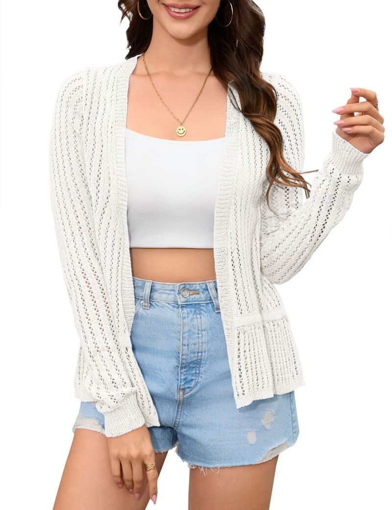 ファンジュライ レディース アウター ニット・セーター フリル カーディガン クロップド FUNJULY Womens Cropped Crochet Knit Sweater Cardigan Ru