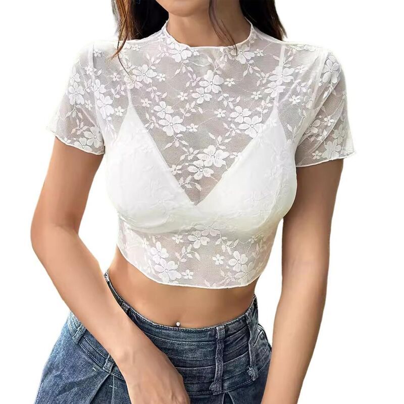 クリアフラワー レディース トップス シャツ スリムフィット モックネック シアー ブラウス レース ClearFlower Womensheer loralace Mock Neck Crop To
