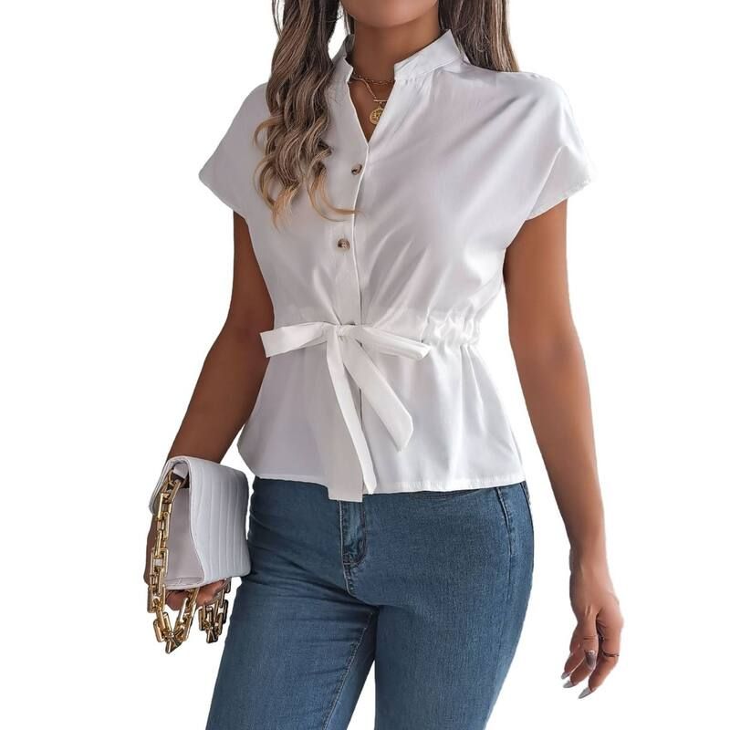 セオリア レディース トップス シャツ シフォン ボタンダウン ブラウス Seoria Womens Button Down Blouses Casual Peplum Summer Tops Dre