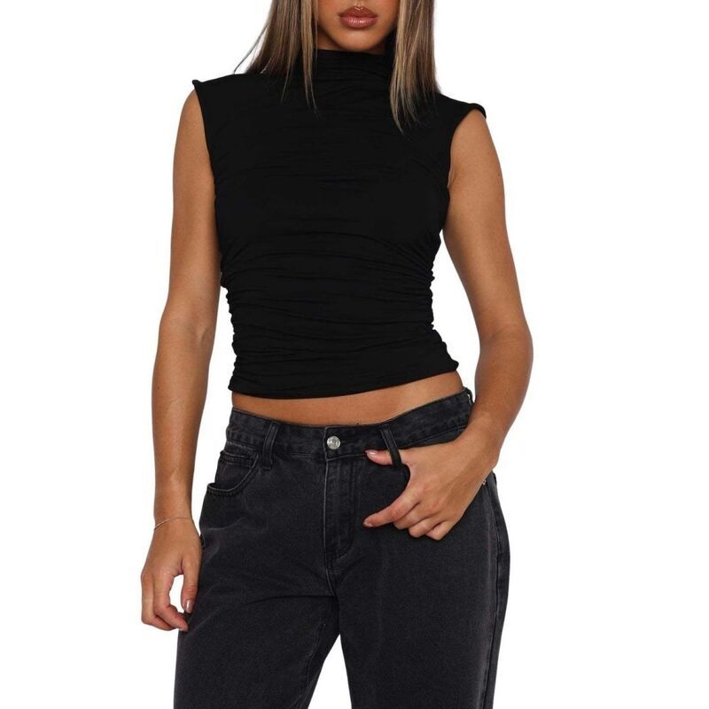 イエスファッション レディース トップス シャツ モックネック プリーツ ノースリーブ Yesfashion Womensolid Color Basic Tops Half Mock Neck Sl