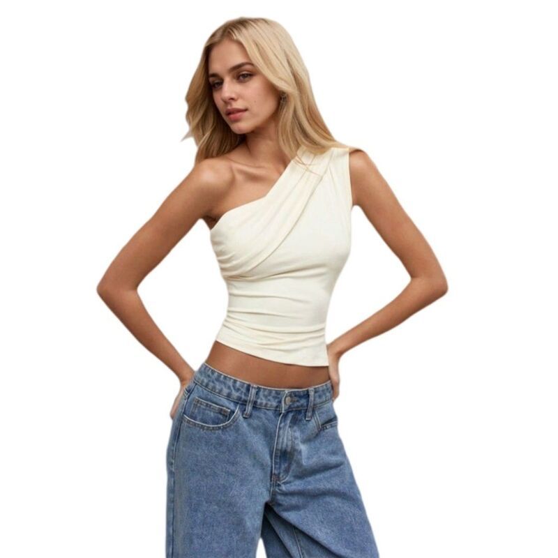 イエスファッション レディース トップス Tシャツ ギャザー ノースリーブ Yesfashion Womens One Shoulderuched Sleeveless Going Out Crop