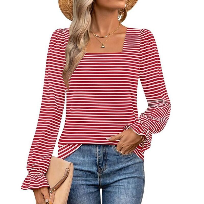 エリートチョイス レディース トップス Tシャツ Elitechoice Womens Long Sleeve Square Neck Striped Casual SoftShirt Red レッド