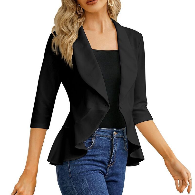 セオリア レディース アウター ジャケット・ブルゾン フリル裾 フリル カーディガン ブレザー Seoria Womens 34 Sleeve Blazer Open Front Ruffle Hem