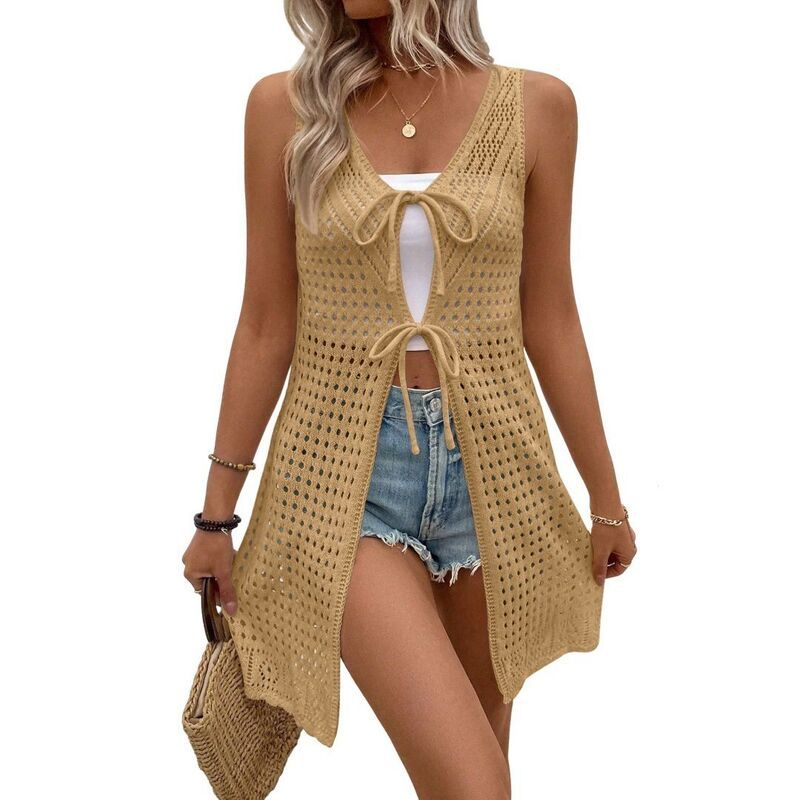 イエスファッション レディース アウター ニット・セーター 背中開き ノースリーブ Yesfashion Women Swimsuit Cover Up Crochet Hollow Out Back
