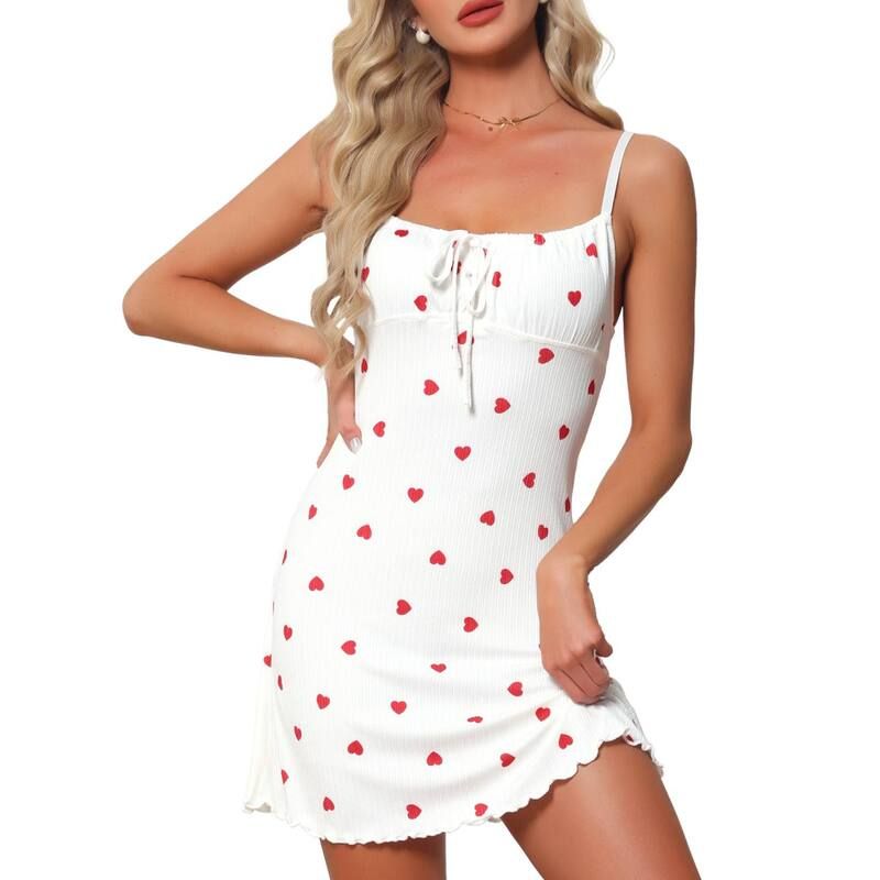 インスパイア シック レディース アンダーウェア ナイトウェア フリル裾 プリント フリル リブ ミニ ノースリーブ INSPIRE CHIC Womens Pajama Dress Ribbed P