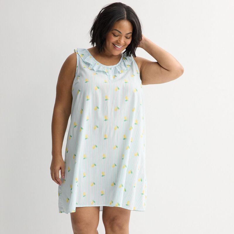 クロフト＆バロー レディース アンダーウェア ナイトウェア プラスサイズ フリル シャツ Plusize Croft Barrowoven Ruffled Sleepshirt Lemon Strip
