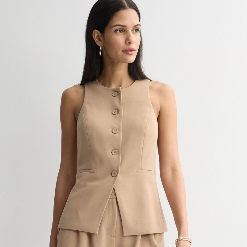 ナインウェスト レディース アウター ジャケット・ブルゾン クルーネック ベスト Womens Nine West Crewneck Longline Vest Beige ベージュ