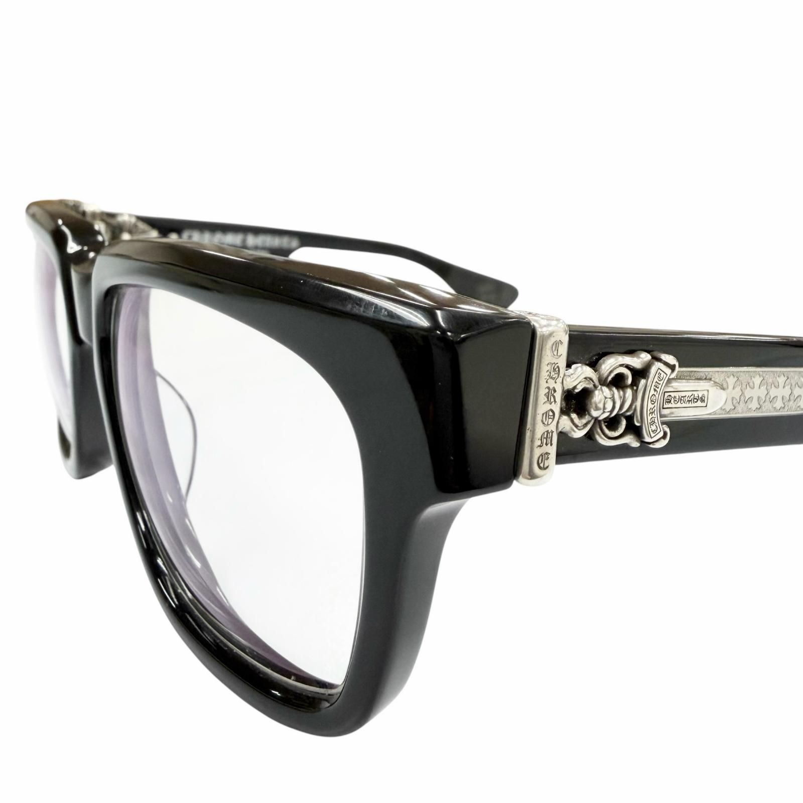 美品▼CHROME HEARTS クロムハーツ BOX-OFFICER 925 ダガー金具 スクエア メガネ 眼鏡 アイウェア ブラック シルバー 59□19-144 度入り 日本製 総重量60.86g メンズ