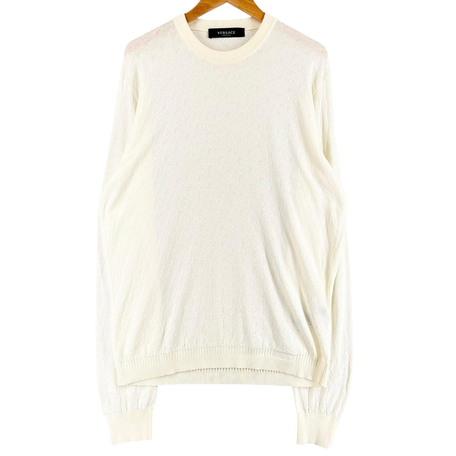 極美品▲VERSACE ヴェルサーチ 2022年製 1008476 シルク コットン クルーネック 長袖 ニット アイボリー 48 イタリア製 正規品 メンズ
