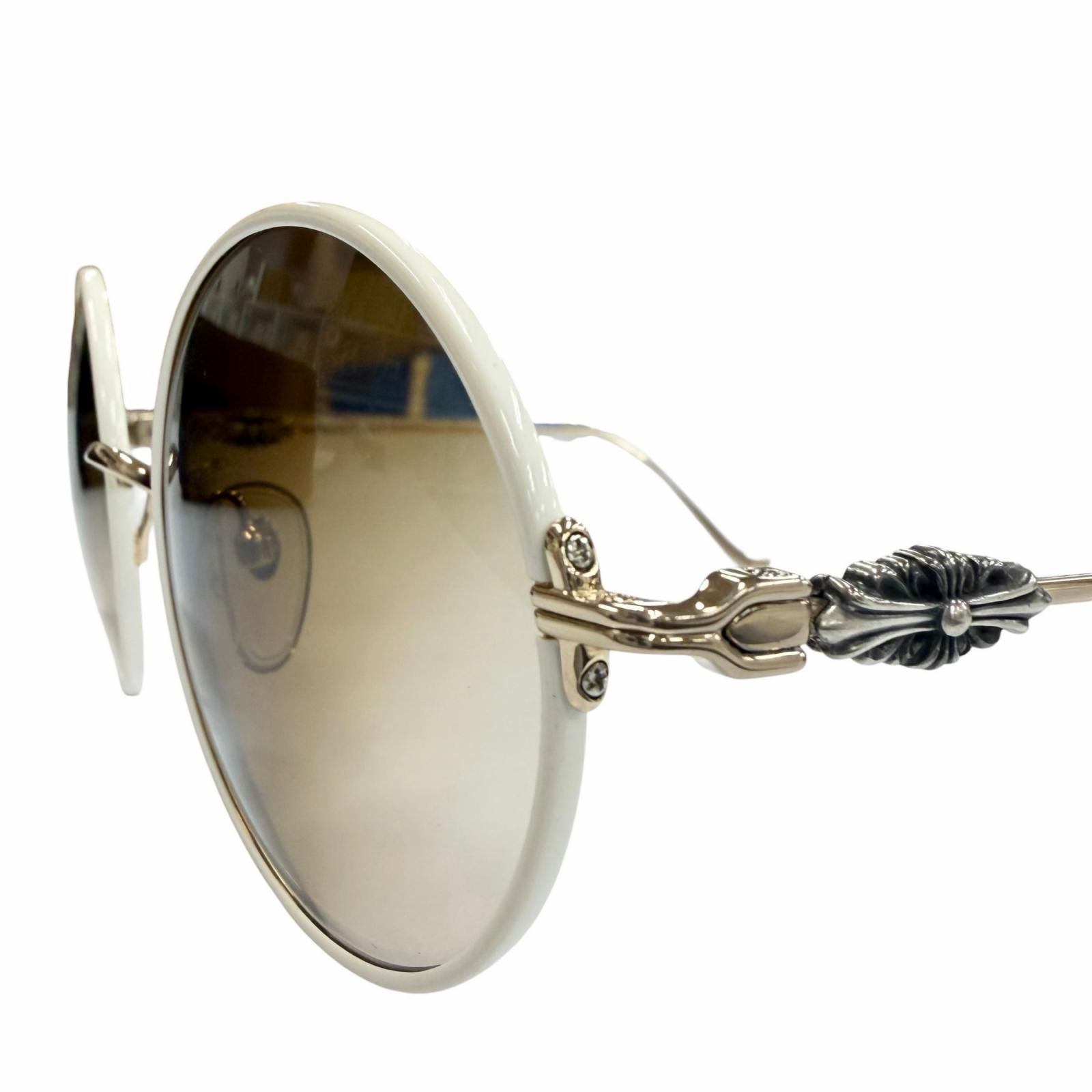 美品▼CHROME HEARTS クロムハーツ OVARYEASY 925 フローラルテンプル ラウンド グラデーションレンズ サングラス ホワイト ゴールド レンズ：ブラウン 日本製 総重量28.93g メンズ