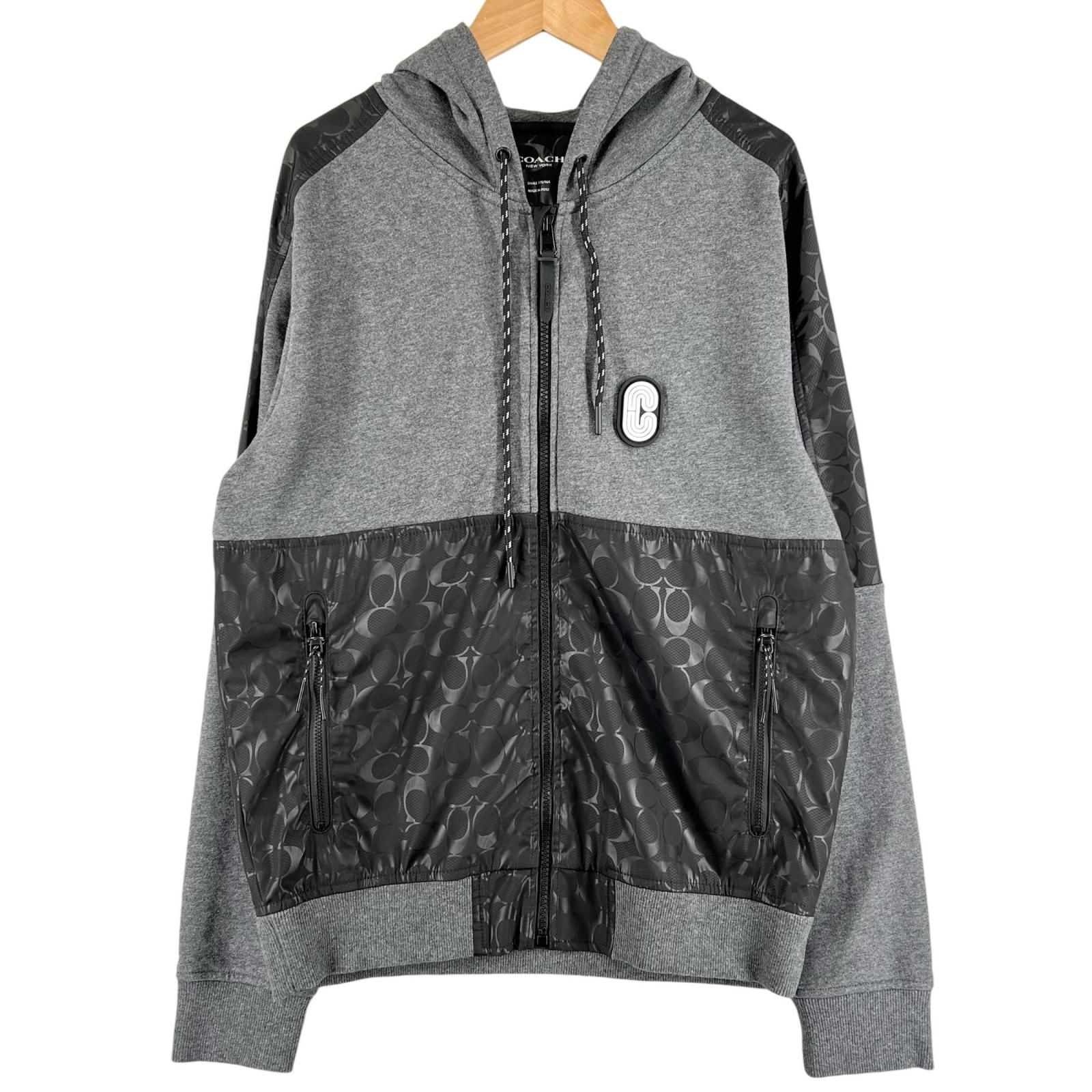 美品▲COACH コーチ 3100 コットン100％ ロゴワッペン シグネチャー ZIP パーカー グレー ブラック S ペルー製 正規品 メンズ