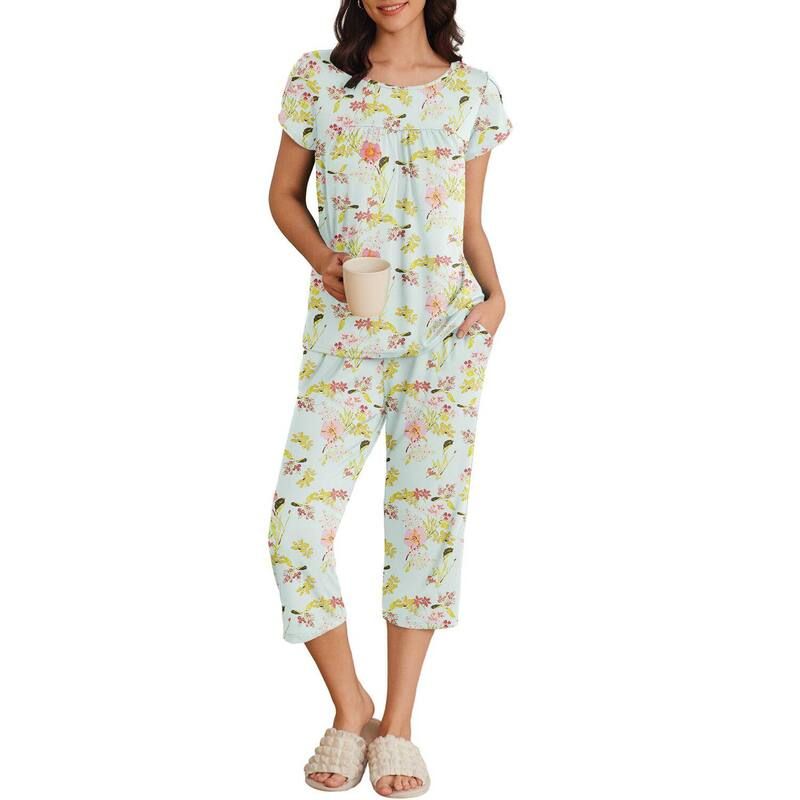 エコアー レディース アンダーウェア ナイトウェア プリーツ パンツ キャップ Ekouaer Womenshort Sleeve Pleated Top Capri Pajama Pantset G
