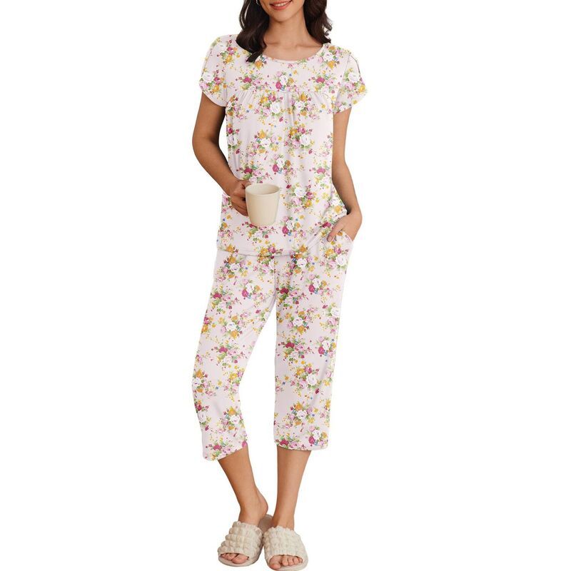 エコアー レディース アンダーウェア ナイトウェア プリーツ パンツ キャップ Ekouaer Womenshort Sleeve Pleated Top Capri Pajama Pantset P