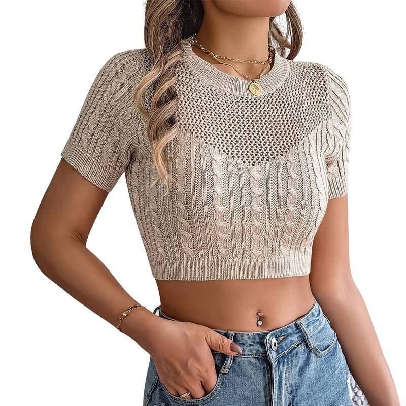 エリートスピリット レディース トップス シャツ クルーネックロップド ブラウス ニット EliteSpirit Womens Hollow Out Cable Knit Shirt Short Sl