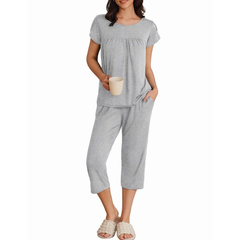 エコアー レディース アンダーウェア ナイトウェア プリーツ パンツ キャップ Ekouaer Womenshort Sleeve Pleated Top Capri Pajama Pantset L