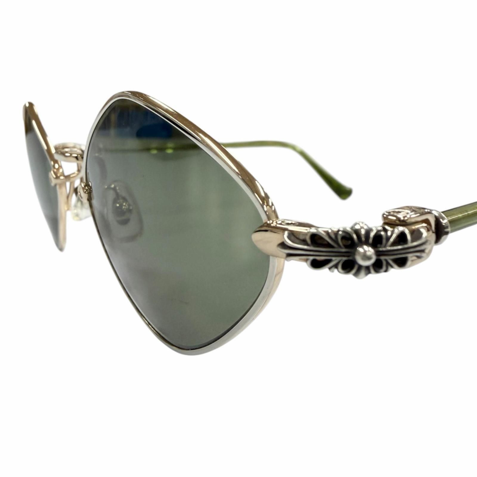 美品▼CHROME HEARTS クロムハーツ DIAMOND DOG 925 フローラルクロス サングラス ゴールド クリアグリーン レンズ：グリーン 50□22-141 日本製 総重量18.44g メンズ