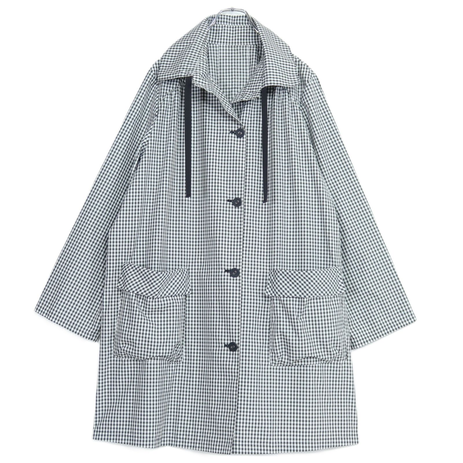 【極美品】レリアン★軽やか♪ギンガムチェックのスプリングコート 大きいサイズ17+ 白×黒系 前開き 薄手 z21046