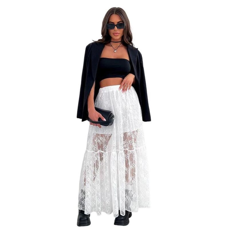セオリア レディース ボトムスカート A ライン フリル シアー レース マキシ Seoria Womens Lace Sheer Maxi Skirts A Line Ruffle Boho Got