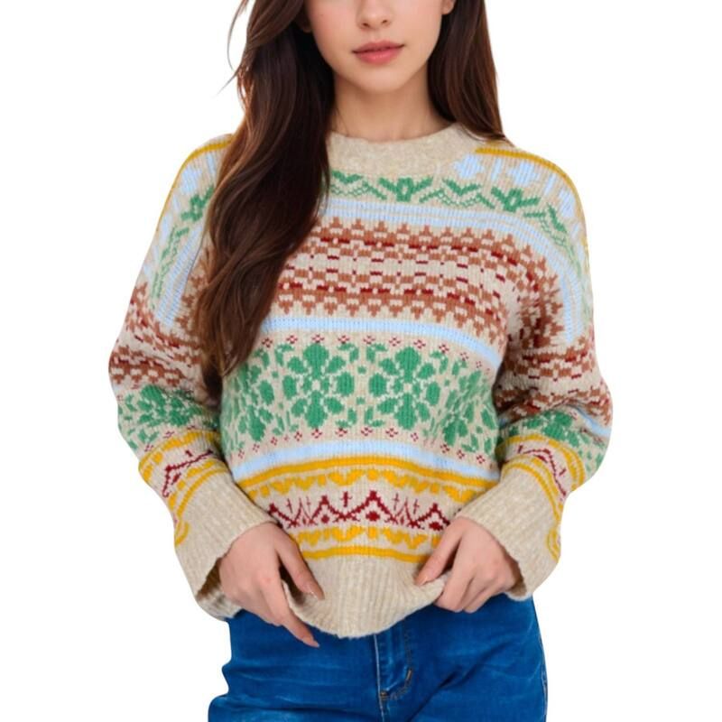 アンナカシ レディース アウター ニット・セーター クルーネック AnnaKaci Womens MultiColor Fair Isle Knit Sweater with Crew Neck an
