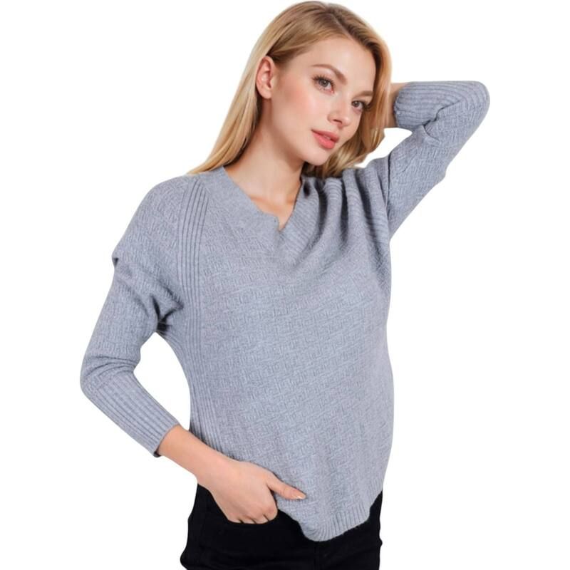アンナカシ レディース アウター ニット・セーター リブ AnnaKaci Womens Textured Knit Sweater with VNeckline and Ribbed Sleeves