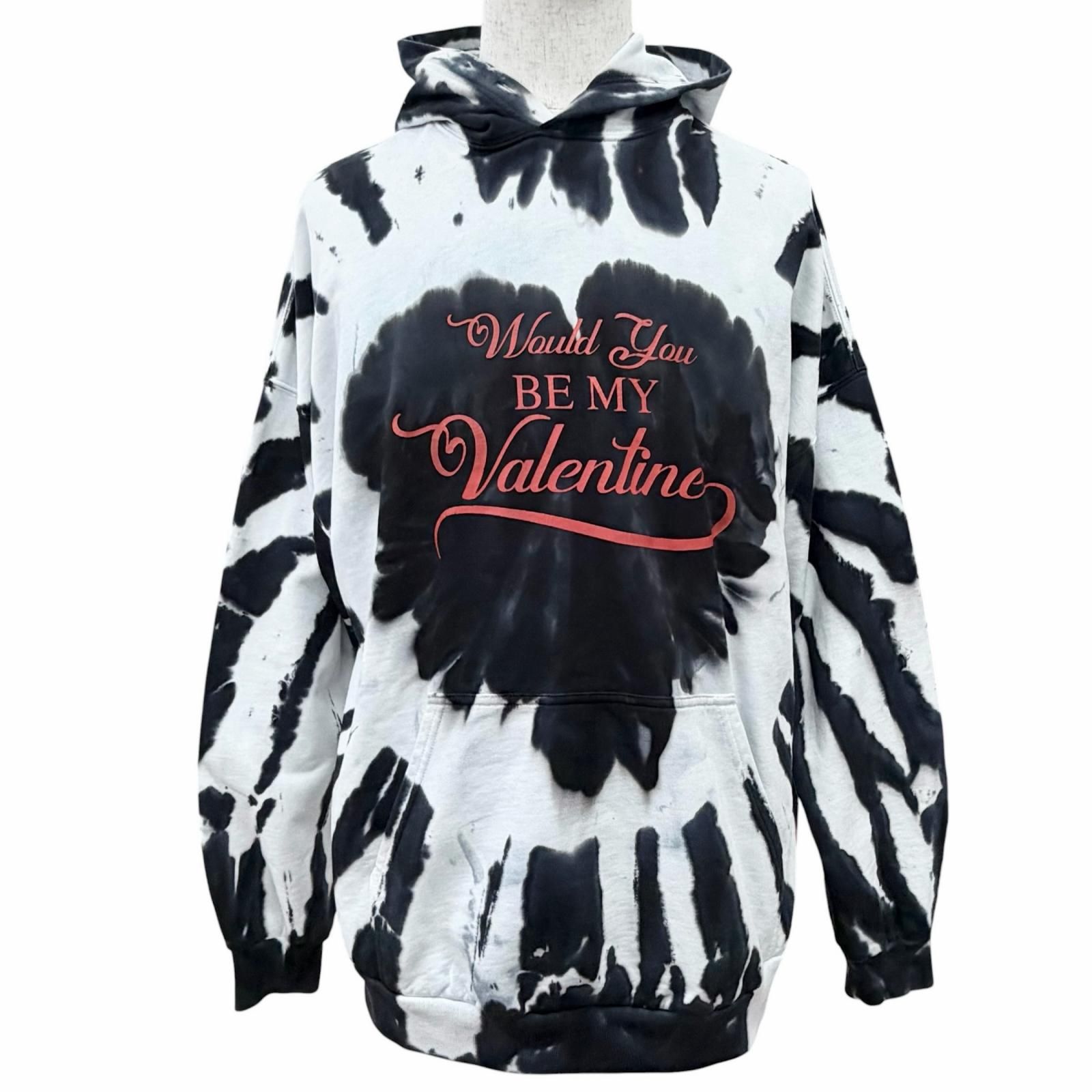 美品△BALENCIAGA バレンシアガ 2021年製 675003 コットン100％ タイダイ バレンタイン フーディー パーカー ブラック ホワイト 1 正規品 メンズ