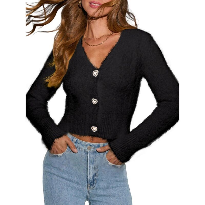 セオリア レディース アウター ニット・セーター Vネック カーディガン クロップド 長袖 Seoria Womens HeartShaped Button Knit Cardigan VNeck L