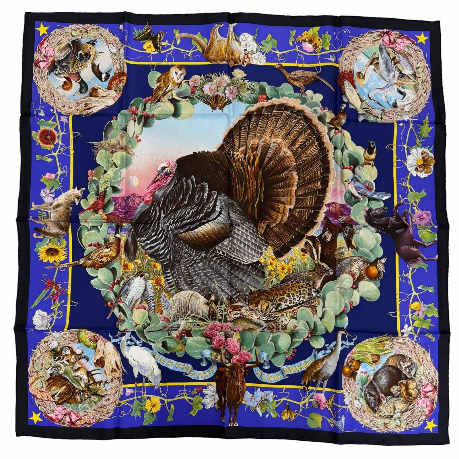 極美品☆HERMES エルメス カレ90 FAUNE ET FLORE DU TEXAS TEXAS WILDLIFE テキサス動植物図鑑 シルク100％ スカーフ マルチカラー フランス製 レディース