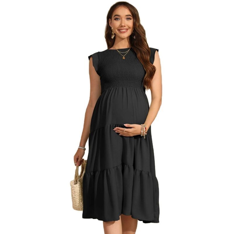 セオリア レディース トップス ワンピース クルーネック フリル ミディ シャーリング マタニティ Seoria Women Casual Maternity Midi Dresses Crew Ne