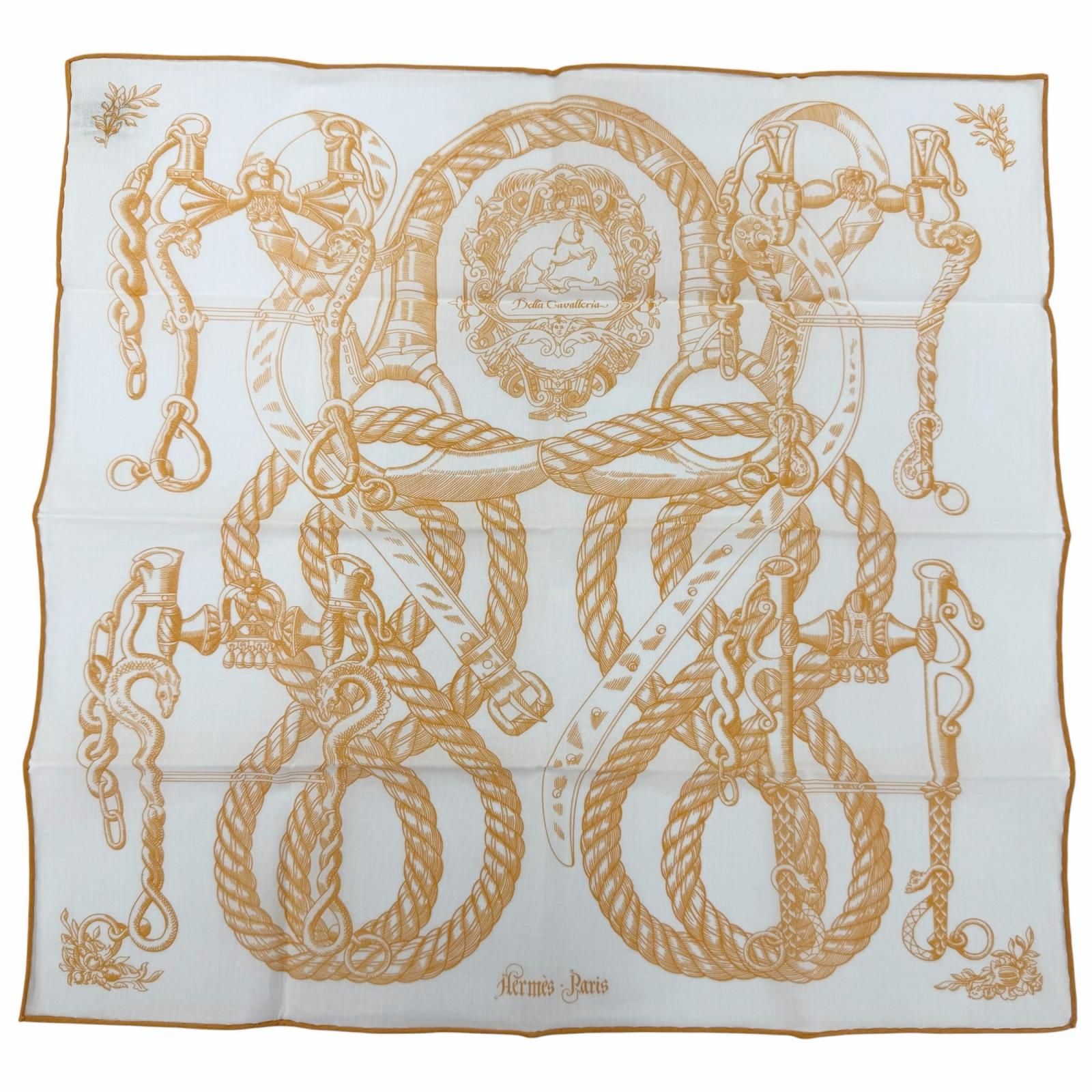 極美品☆HERMES エルメス カレ45 Della Cavalleria デッラ カヴァッレリア コットン100％ スカーフ ハンカチ オレンジ ホワイト レディース 箱付き